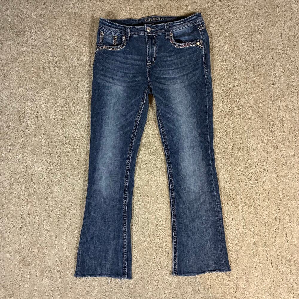 Y2K Grace Easy Fit Western Boot Cut Jeans Women 30 Bling Button Pockets Faded